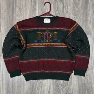 Vintage Susan Bristol Wool Sweater Womens Small Lion Crest Fair Isle 80s Preppy